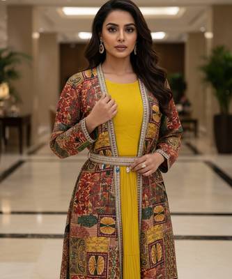 Designer yellow blooming georgette free size stiched top with long printed shrung for women 5