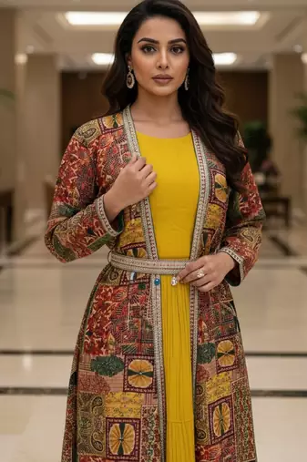 Designer yellow blooming georgette free size stiched top with long printed shrung for women