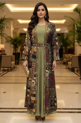 Designer light olive blooming georgette free size stiched top with long printed shrung for women