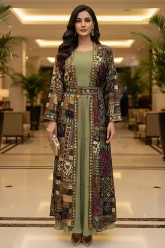 Designer light olive blooming georgette free size stiched top with long printed shrung for women