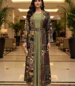 Designer light olive blooming georgette free size stiched top with long printed shrung for women