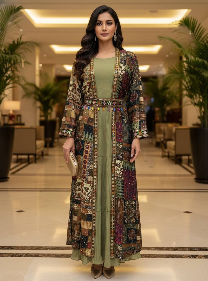 Designer light olive blooming georgette free size stiched top with long printed shrung for women