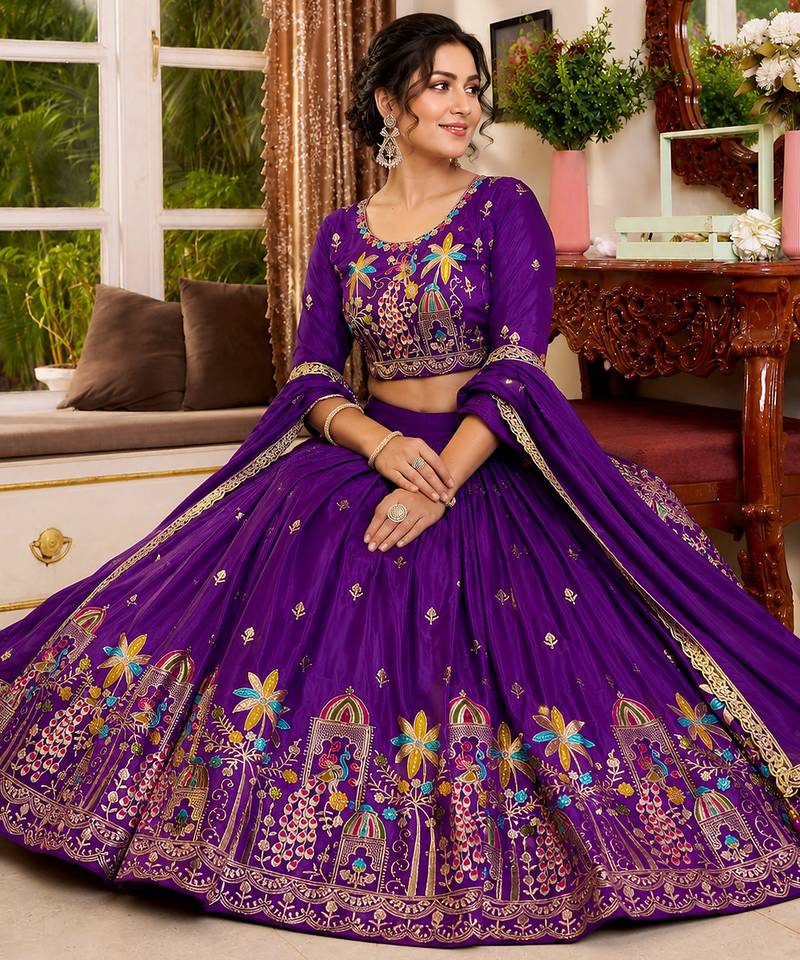 blue silk blend lehenga choli - free size 