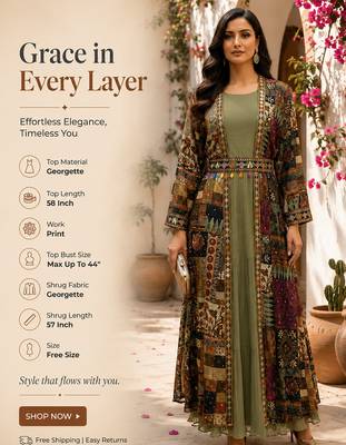 Designer light olive blooming georgette free size stiched top with long printed shrung for women 2