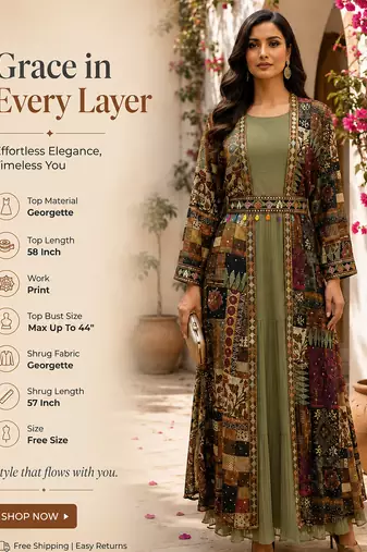 Designer light olive blooming georgette free size stiched top with long printed shrung for women