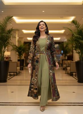 Designer light olive blooming georgette free size stiched top with long printed shrung for women 3
