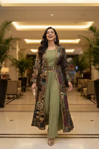 Designer light olive blooming georgette free size stiched top with long printed shrung for women