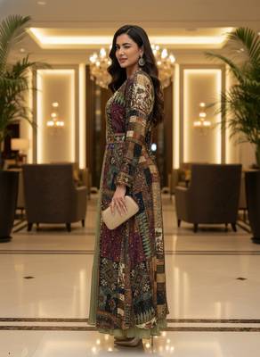 Designer light olive blooming georgette free size stiched top with long printed shrung for women 4