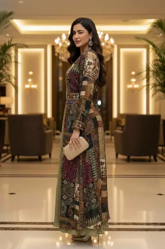 Designer light olive blooming georgette free size stiched top with long printed shrung for women