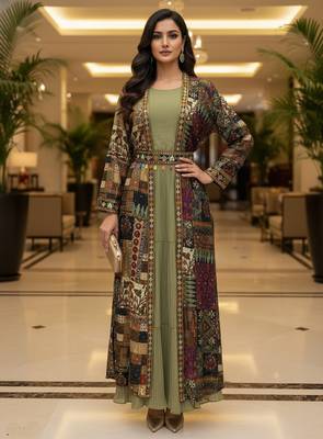 Designer light olive blooming georgette free size stiched top with long printed shrung for women 5