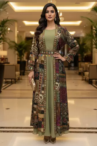 Designer light olive blooming georgette free size stiched top with long printed shrung for women
