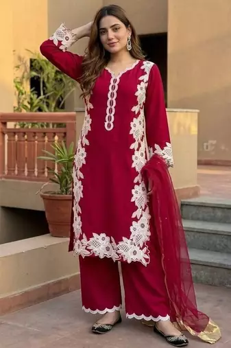 Dark pink heavy natural silk palazzo set with pearl moti hand work