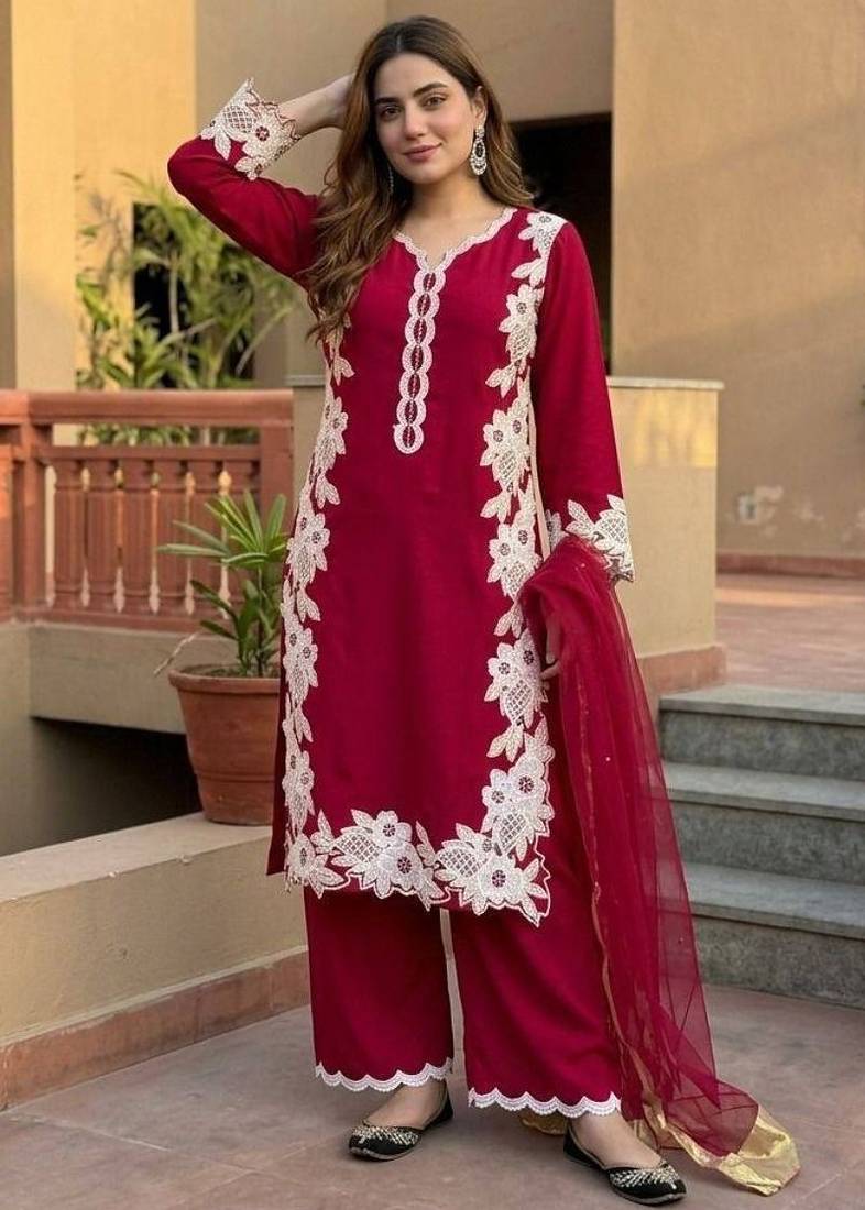 Dark pink heavy natural silk palazzo set with pearl moti hand work
