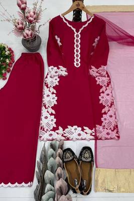 Dark pink heavy natural silk palazzo set with pearl moti hand work 3