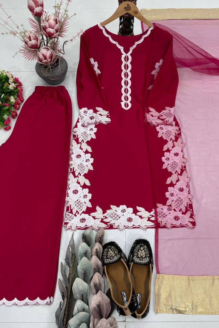 Dark pink heavy natural silk palazzo set with pearl moti hand work