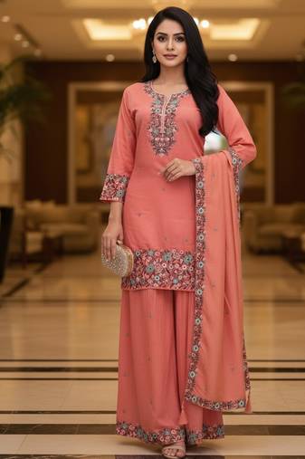 Peach embroidered silk blend free size stiched kurta palazzo set with dupatta for women