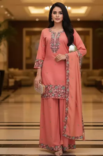 Peach embroidered silk blend free size stiched kurta palazzo set with dupatta for women