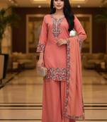 Peach embroidered silk blend free size stiched kurta palazzo set with dupatta for women