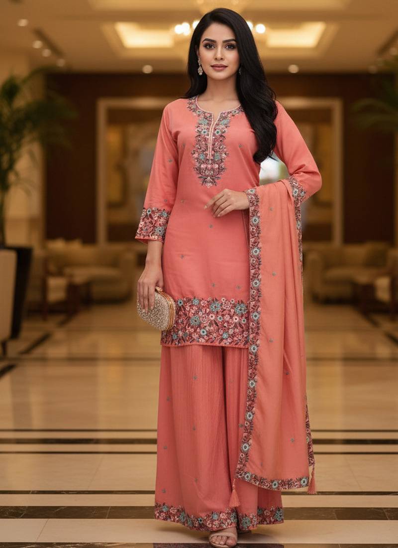 Peach embroidered silk blend free size stiched kurta palazzo set with dupatta for women