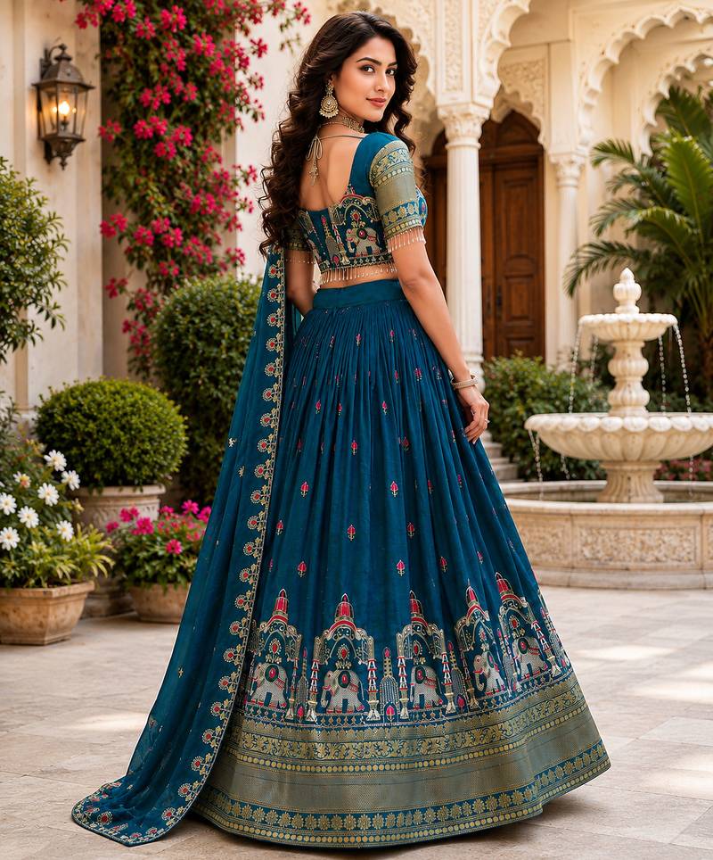 blue silk blend lehenga choli - free size 