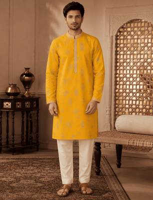 Men's mustard yellow woven ethnic kurta 1