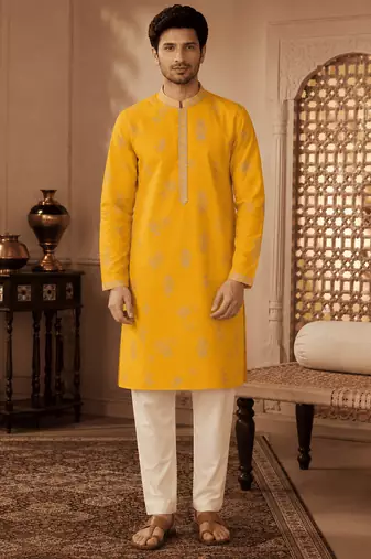 Men's mustard yellow woven ethnic kurta