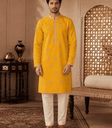 Men's mustard yellow woven ethnic kurta