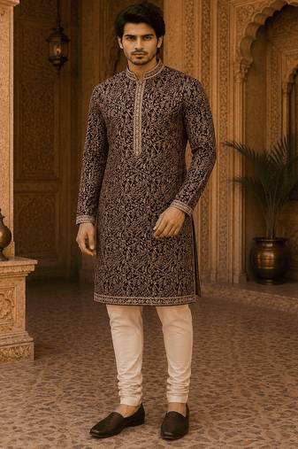  wine embroidered  kurta  with inner lining