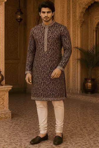  wine embroidered  kurta  with inner lining