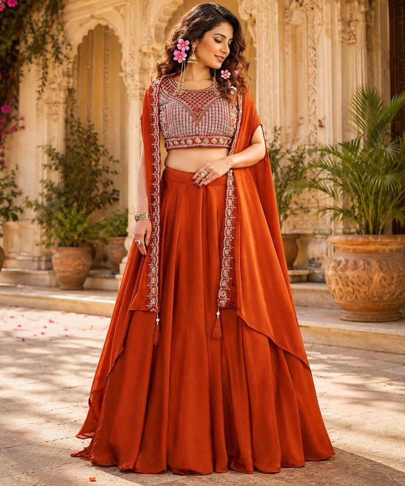 orange silk lehenga choli - free size 