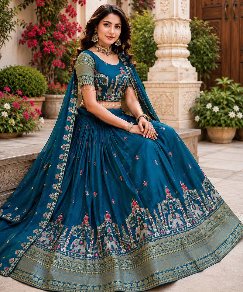 blue silk blend lehenga choli - free size 