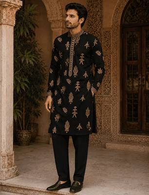  black gold motif embroidered kurta  with inner lining 1