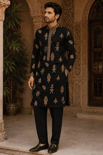  black gold motif embroidered kurta  with inner lining