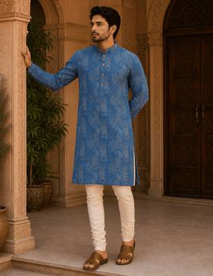 Royal blue printed men’s ethnic kurta 1