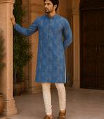 Royal blue printed men’s ethnic kurta