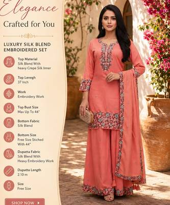Peach embroidered silk blend free size stiched kurta palazzo set with dupatta for women 2