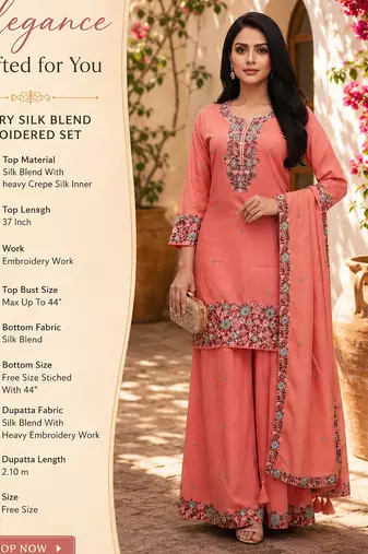 Peach embroidered silk blend free size stiched kurta palazzo set with dupatta for women