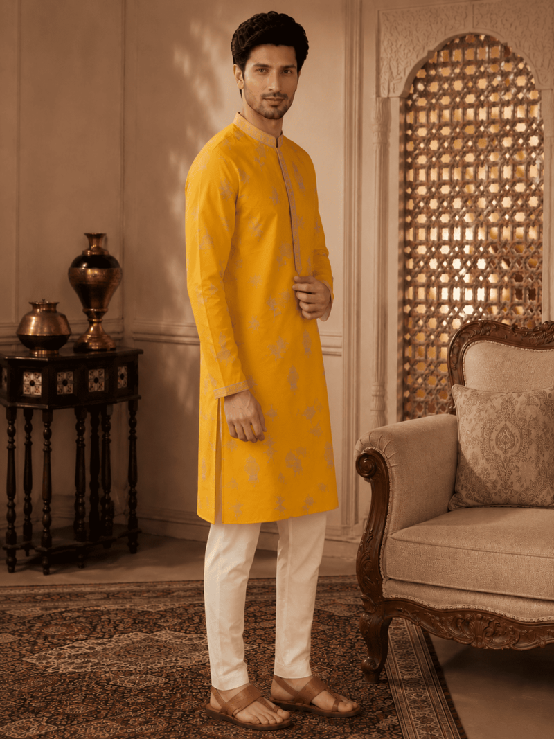 Men's mustard yellow woven ethnic kurta