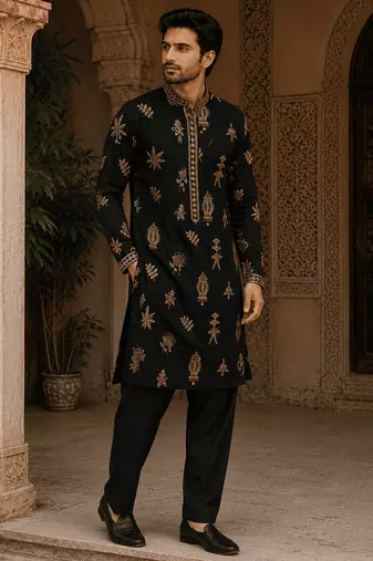  black gold motif embroidered kurta  with inner lining