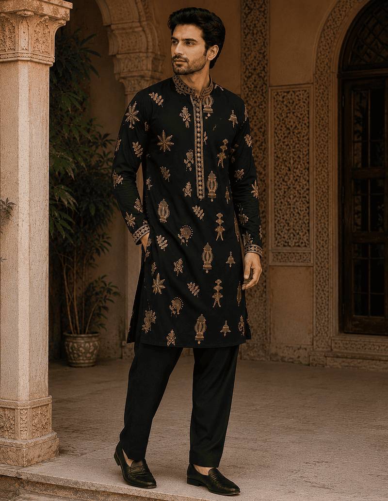  black gold motif embroidered kurta  with inner lining