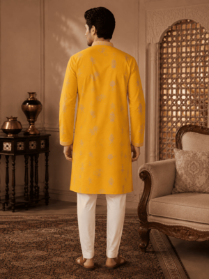 Men's mustard yellow woven ethnic kurta 4