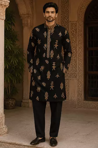  black gold motif embroidered kurta  with inner lining