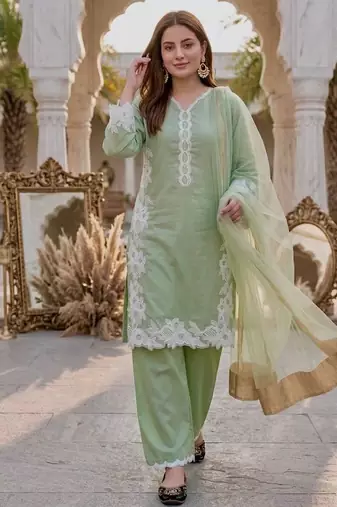 Mint green heavy natural silk palazzo set with pearl moti hand work