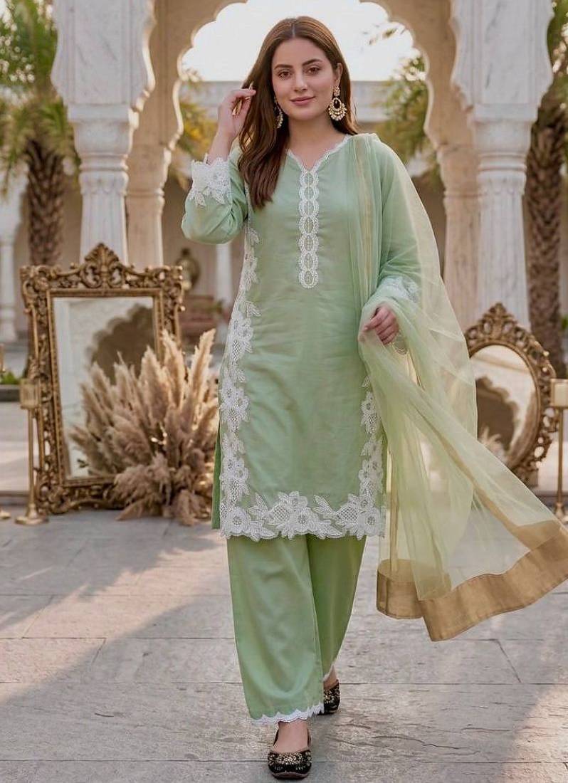 Mint green heavy natural silk palazzo set with pearl moti hand work