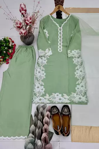 Mint green heavy natural silk palazzo set with pearl moti hand work