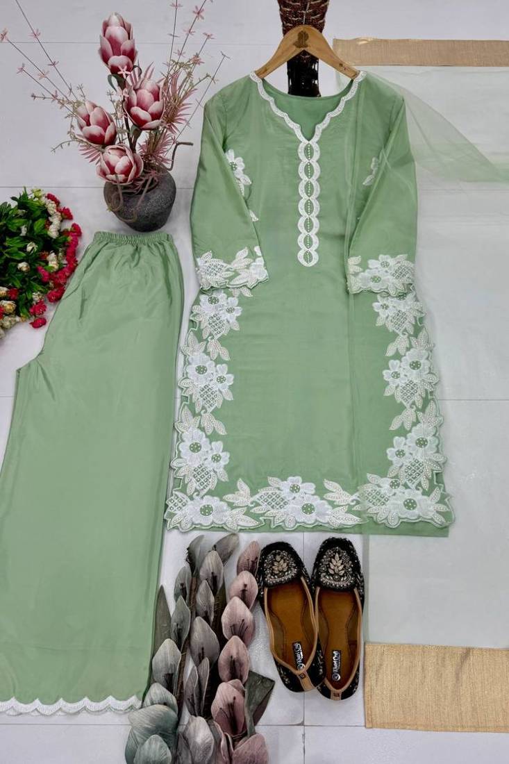 Mint green heavy natural silk palazzo set with pearl moti hand work