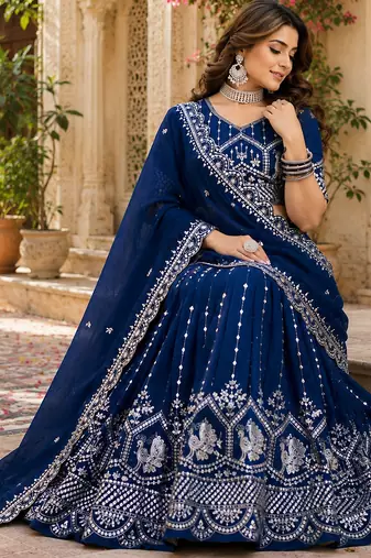 blue silk blend lehenga choli - free size 