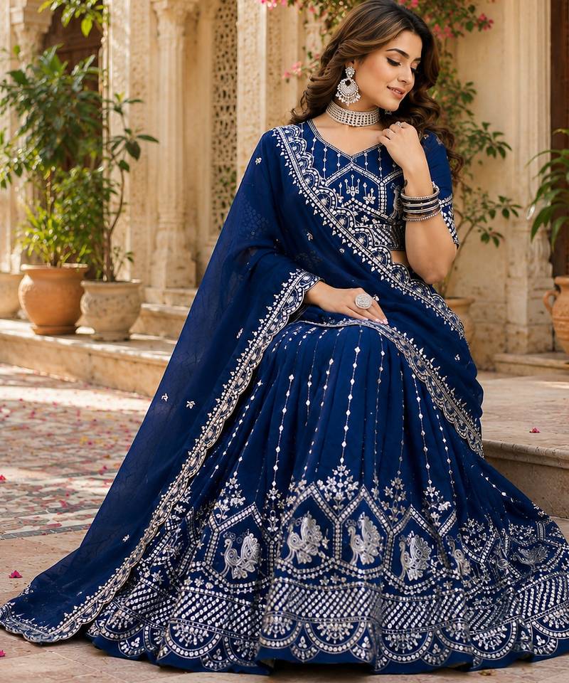 blue silk blend lehenga choli - free size 