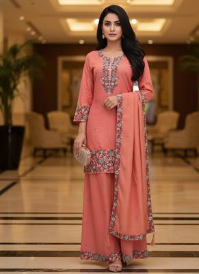 Peach embroidered silk blend free size stiched kurta palazzo set with dupatta for women 3