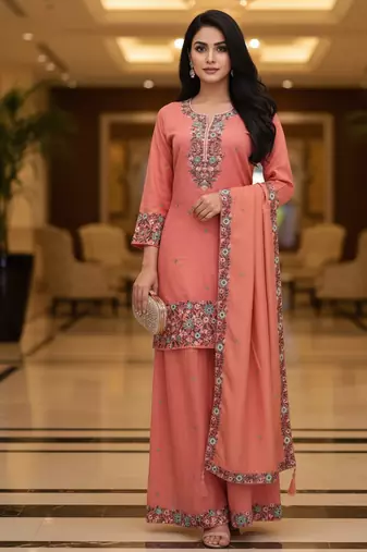 Peach embroidered silk blend free size stiched kurta palazzo set with dupatta for women